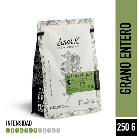 Café orgánico de especialidad de Perú | La Chacra D´Dago Bolsa 250 gramos | GRANO ENTERO