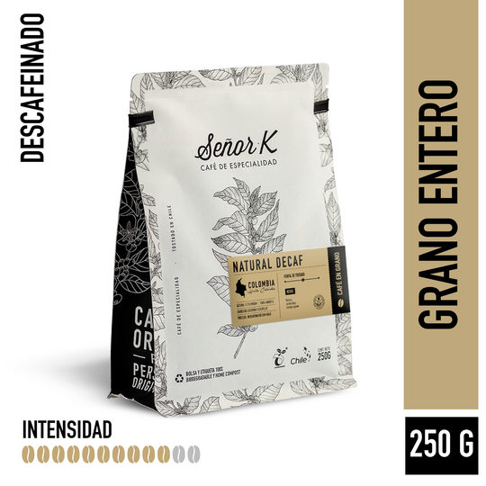 Café descafeinado de Colombia | Natural decaf Bolsa 250 gramos | GRANO ENTERO